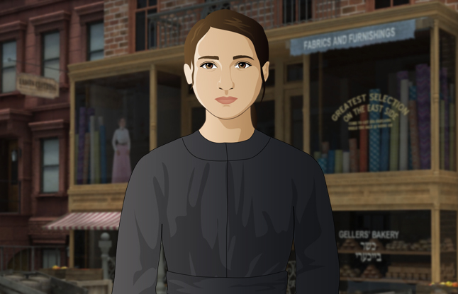 Game image of character Lena Brodsky standing in front of tenement building in Lower East Side NYC