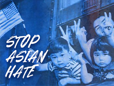 HIstorical photo of Japanese American children holding American flag with the words "Stop Asian Hate"